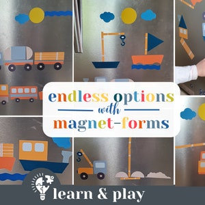 Può includere: Un collage di immagini che mostrano diversi modi per usare forme magnetiche per creare vari veicoli e oggetti. Il testo "endless options with magnet-forms" è al centro del collage. Il testo "learn & play" è in fondo al collage.