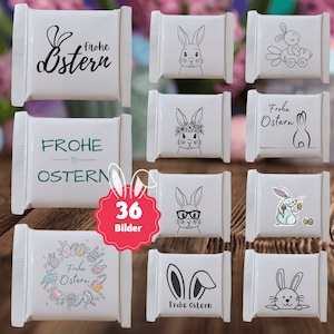 Könnte beinhalten: Ein Set mit 36 weißen Oster-Geschenk-Etiketten mit verschiedenen Hasen- und Eier-Designs. Die Etiketten tragen den Text "Frohe Ostern".