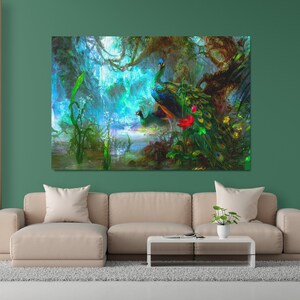 Pavo real colorido en un bosque fluvial Arte de pared, Arte de pared de pavo real, Impresión de pared de animales / Lienzo y póster Impresión premium de alta calidad