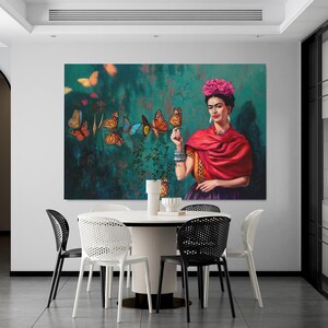 Arte de Frida Kahlo, arte de mariposas y flores rosas de Frida, arte de mujeres famosas / Lienzo y póster Impresión premium de alta calidad