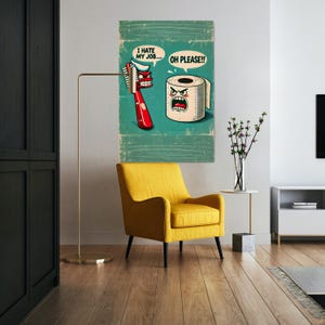 Arte divertente per il bagno, cartone animato umoristico con spazzolino da denti e carta igienica, decorazione da parete eccentrica, fumetto/tela e poster, stampa premium di alta qualità