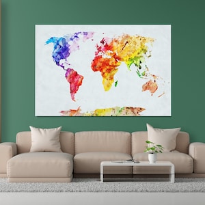 Mapa-múndi aquarela arte de parede colorida, desejo de viajar, mapa em aquarela, presente de aniversário / tela e pôster impressão premium de alta qualidade