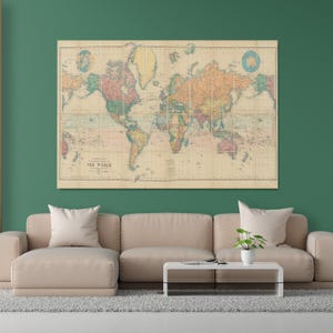 Hermoso mapa del mundo Atlas vintage 1898 Proyección Mercator SEPIA / Lienzo y póster Impresión premium de alta calidad