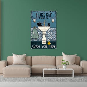 Black Cat Wash Your Paws, Vintage Bathroom Sign, Funny Cat Decor, Retro Wall Art, Cat Lover Gift / High Quality Metal Tin Sign Print