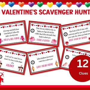 May include: A printable Valentine's Day scavenger hunt with 12 clues. The clues are written on red cards with white polka dots and hearts. Each card has a number and a fun Valentine's Day themed riddle.