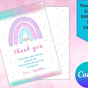 Rainbow Birthday Thank you Card, Printable and Editable in Canva, Girl thank you note with pastel rainbow theme, 5X7 card