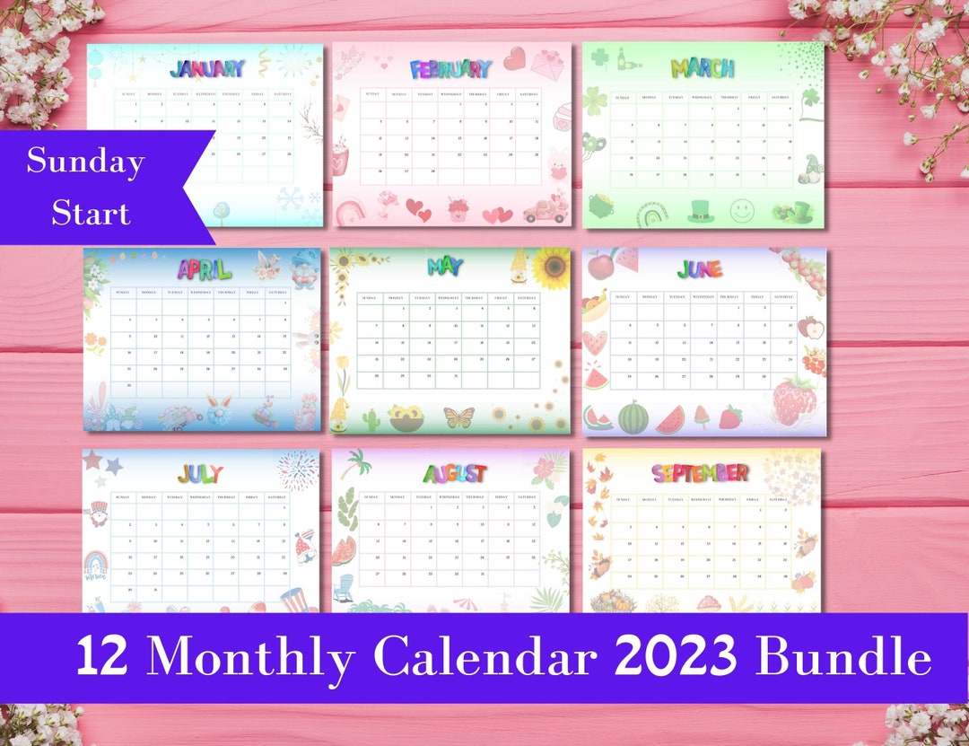 PRINTABLE Monthly Calendar 2023 Bundle, PDF Calendar, Digital Download