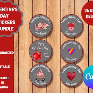 Valentine&#39;s Day Stickers, PRINTABLE, Editable Stickers, Valentines Labels, Valentines Party Favors, Personalized
