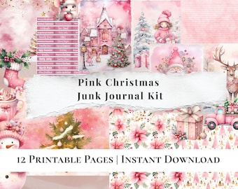 Rosa Weihnachten Junk Journal Kit | Druckbare Ephemera + Canva bearbeitbare Vorlage | 12 Seiten | Sofort Download