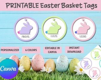PRINTABLE Easter Tags, Easter Basket Tags, Personalized, Editable in Canva, Kids Name Tags, Easter Bunny Tags