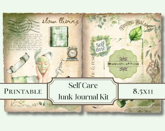 Self-Care Junk Journal Kit, Grün Aquarell Wellness Printable, Spa Ephemera, Digital Scrapbook Kit