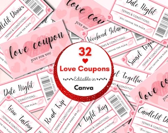 Printable Love Coupons, Valentines Day Gift, Editable in Canva (Digital Download)