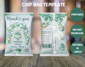 Grüne Feier Chip Beutel Vorlage, Geburtstag Gastgeschenk (Digitaler Download)