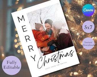 Minimalistische Familienurlaubskarte | Bearbeitbare Canva Vorlage | Druckbare 5 x 7 Weihnachtskarte | Rückseite für mehrere Fotos