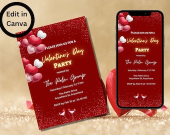 Bearbeitbare Partyeinladung zum Valentinstag: Canva-Vorlage (digitale & druckbare PDF-Datei)