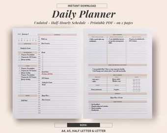 Undated Daily Printable Planner, 2 pages, Half Hour, Work journal, Hourly schedule plan, Student teacher agenda, A5 A4 Letter Inserts