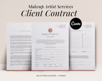Makeup Artist Contract Template, Editable Client makeup pricelist, MUA agreement,  Freelance service, Artist Contract forms, Canva template,