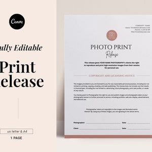 Photography Print Release Template, Print Release Form, Editable Canva template, Photographer business, Photo print form, Client contract