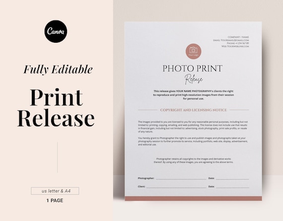 Photography Print Release Template, Print Release Form, Editable Canva template, Photographer business, Photo print form, Client contract