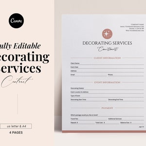 Event Decorating Services Contract Template, Editable event planning forms, Client Service Agreement, Wedding decor equipment rental, Canva