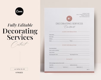 May include: A printable contract template for decorating services. The template includes sections for client information, event information, payment details, and additional services. The contract is designed with a modern aesthetic and features a pink starburst logo.