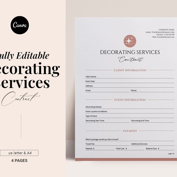 Event Decorating Services Contract Template, Editable event planning forms, Client Service Agreement, Wedding decor equipment rental, Canva