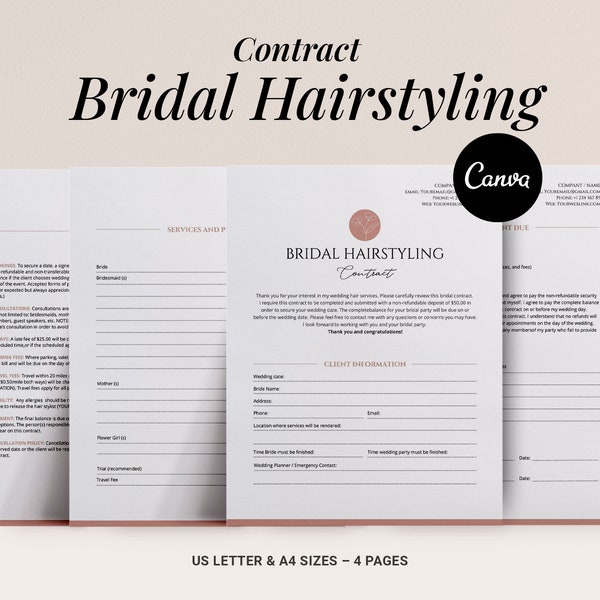 Plantilla de contrato de cabello nupcial, plantilla de Canva, acuerdo de servicios de peluquería editable, formularios de estilistas independientes, salón de fiestas de bodas