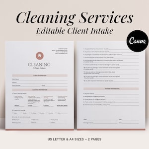 May include: A two-page cleaning services client intake form with a pink and white color scheme. The form includes sections for client information, cleaning information, payment information, and special requests. The form is titled "Cleaning Services Editable Client Intake" and includes the Canva logo.