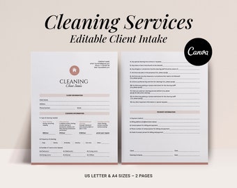 May include: A two-page cleaning services client intake form with a pink and white color scheme. The form includes sections for client information, cleaning information, payment information, and special requests. The form is titled "Cleaning Services Editable Client Intake" and includes the Canva logo.