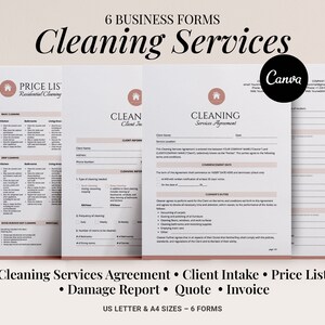 May include: Six printable business forms for cleaning services. The forms include a price list, client intake form, cleaning services agreement, damage report, quote, and invoice. The forms are designed in a minimalist style with a pink and white color scheme.