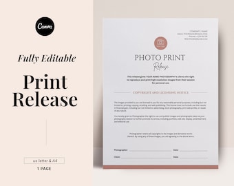 Print Release Template, Photography Release Form, Editable Photo print form, Canva template, Photographer business, Client wedding contract