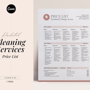 Lista de preços de serviços de limpeza, modelo de lista de preços de limpeza editável, formulário de negócios de limpeza profissional, planilha de preços, comercial residencial