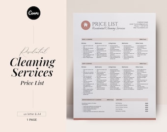 Cleaning Service Pricing List, Editable Clean Price list template, Professional Cleaning business Form, Price sheet, Commercial residential