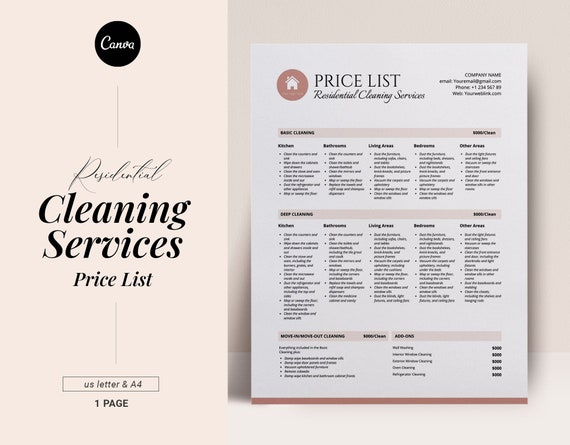 Cleaning Service Pricing List, Editable Clean Price list template, Professional Cleaning business Form, Price sheet, Commercial residential