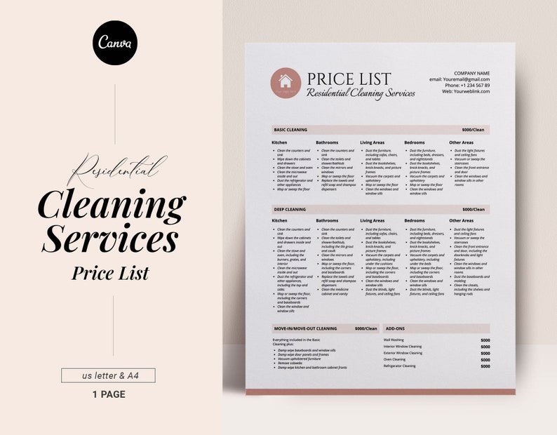 Cleaning Service Pricing List, Editable Clean Price list template, Professional Cleaning business Form, Price sheet, Commercial residential image 1