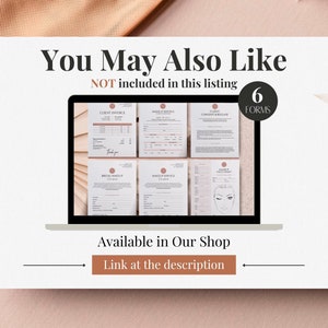 May include: A laptop screen displaying six printable forms for makeup artists, including a client invoice, makeup services, consultation agreement, bridal makeup, makeup services, and a face chart. The text "You May Also Like" and "NOT included in this listing" is displayed above the forms. The text "6 FORMS" is displayed in a circle above the forms. The text "Available in Our Shop" is displayed below the forms. The text "Link at the description" is displayed below the text "Available in Our Shop".