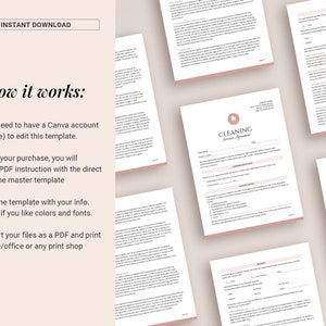 May include: A pink and white printable cleaning service agreement template with the text "CLEANING Service Agreement". The template includes instructions on how to edit the template using Canva.