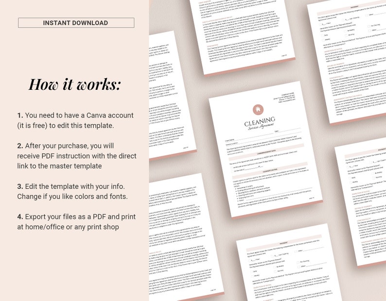 May include: A pink and white printable cleaning service agreement template with the text "CLEANING Service Agreement". The template includes instructions on how to edit the template using Canva.