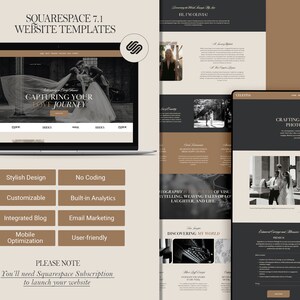 May include: Website template for Squarespace 7.1, featuring a black and white photo of a couple on their wedding day. The template is customizable, user-friendly, and includes features like a blog, email marketing, and built-in analytics.  The text "Capturing Your Love Journey" is displayed on the website.