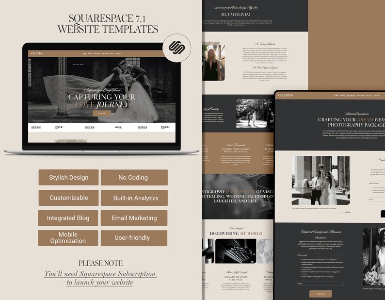 May include: Website template for Squarespace 7.1, featuring a black and white photo of a couple on their wedding day. The template is customizable, user-friendly, and includes features like a blog, email marketing, and built-in analytics.  The text "Capturing Your Love Journey" is displayed on the website.