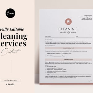 Op de afbeelding: Een printbare sjabloon voor een schoonmaakovereenkomst met een roze huisicoon. Het document bevat secties voor klantgegevens, de startdatum en de taken van de schoonmaker. De tekst luidt "Schoonmaakovereenkomst".