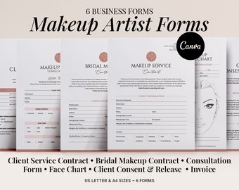 May include: Six printable forms for makeup artists, including a client service contract, bridal makeup contract, consultation form, face chart, client consent and release, and invoice. The forms are designed in a minimalist style with a pink and white color scheme. The text "Makeup Artist Forms" is displayed in a large, bold font at the top of the image.