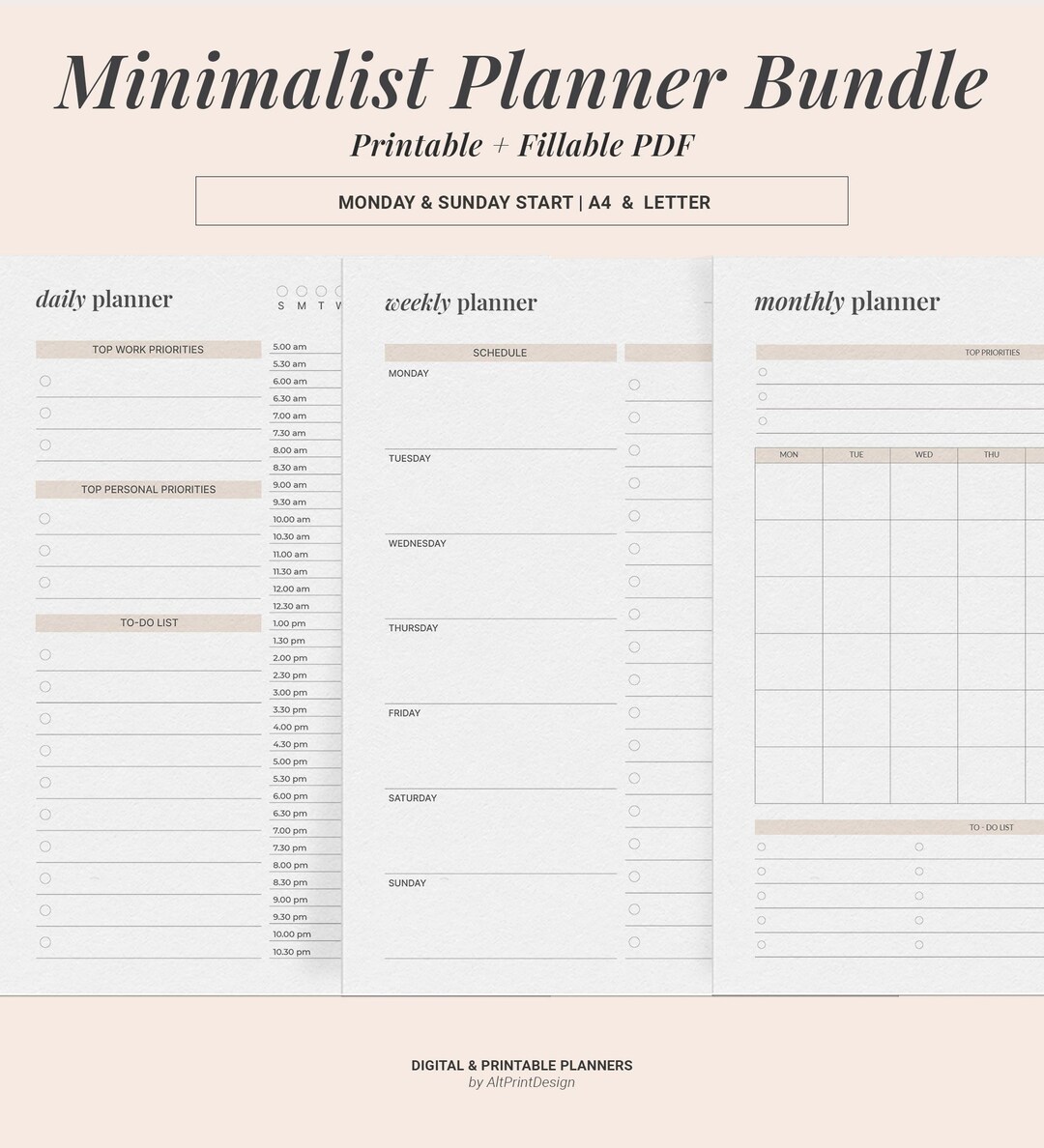 Minimalist Daily, Weekly, Monthly Planner, Printable Planner BUNDLE ...