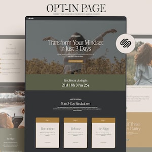 Squarespace Opt-In Page Webbmall, 3-dagars utmaningslandningssida för Wellness Coaches, Terapeuter, Healers