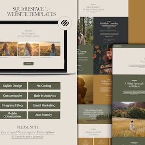 以下が含まれることがあります： Squarespace 7.1 用のウェブサイトテンプレートで、緑と茶色のカラーパレット、自然の画像、そして「あなたのウェルネスジャーニーのためのテーラーメイドサポート」というテキストが特徴です。このテンプレートはカスタマイズ可能で、ブログ、メールマーケティング、モバイル最適化などの機能が含まれています。