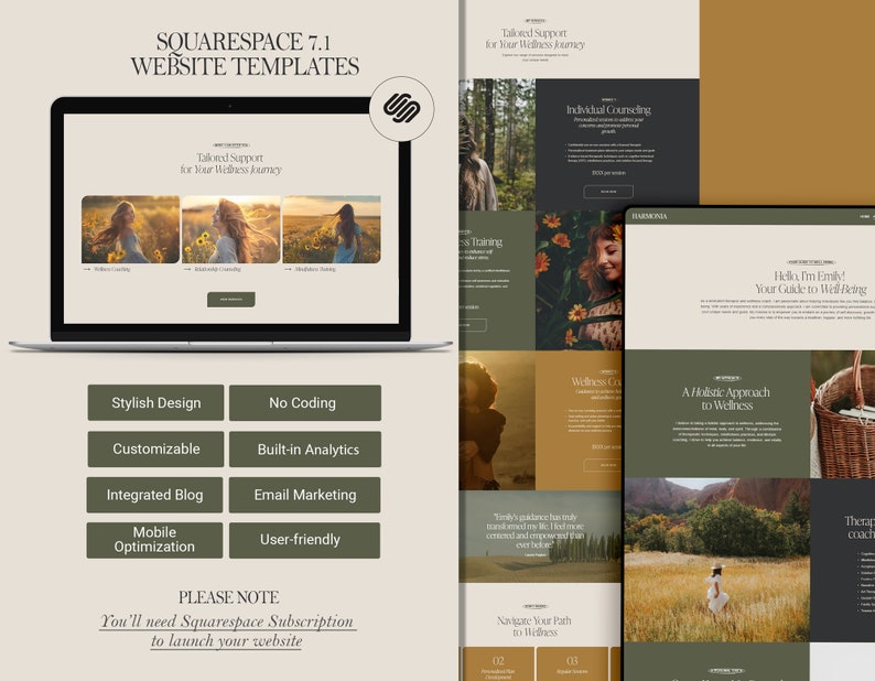 以下が含まれることがあります： Squarespace 7.1 用のウェブサイトテンプレートで、緑と茶色のカラーパレット、自然の画像、そして「あなたのウェルネスジャーニーのためのテーラーメイドサポート」というテキストが特徴です。このテンプレートはカスタマイズ可能で、ブログ、メールマーケティング、モバイル最適化などの機能が含まれています。