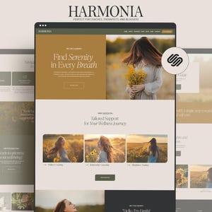 Mockup of the Harmonia Squarespace website template for coaches, therapists, and bloggers, featuring a serene design with warm earth tones and images of women in sunflower fields.