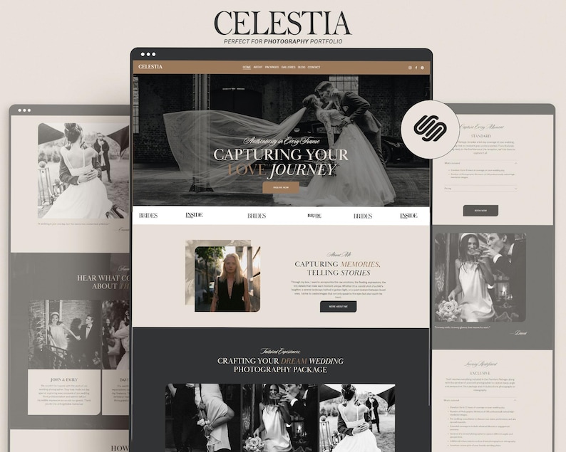 Celestia Squarespace website template mockup for wedding photographers, featuring a romantic and elegant design with black-and-white images, classic typography, and portfolio-style layout.