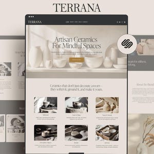 May include: A website design for Terrana, featuring artisan ceramics. The homepage showcases various ceramic pieces, including vases and bowls, with the text "Artisan Ceramics For Mindful Spaces." Additional pages highlight product categories and brand information.