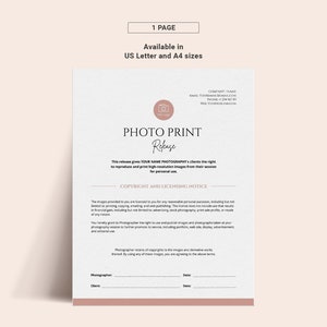 May include: A printable photo release form with a pink camera icon and the text "PHOTO PRINT RELEASE". This form gives the photographer the right to reproduce and print high-resolution images from a client's session for personal use. It also includes a copyright and licensing notice.